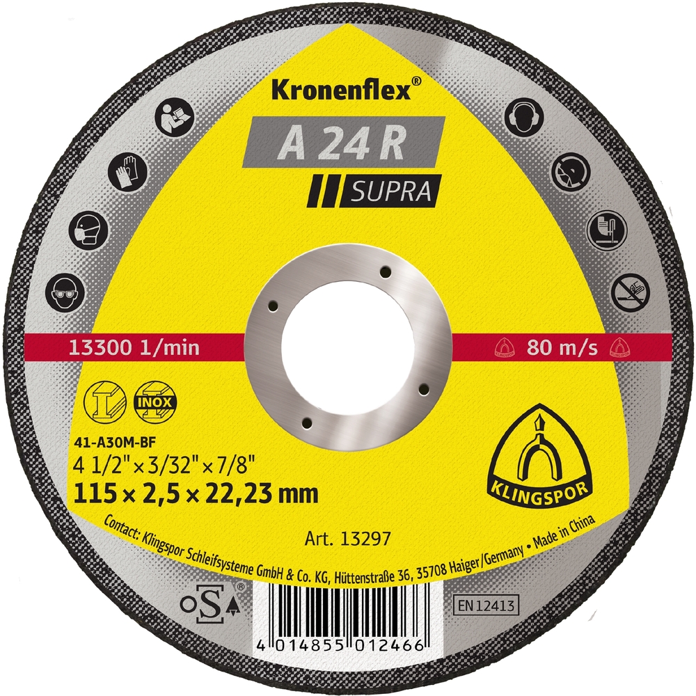 25 Disques à tronçonner KT SUPRA A24R S GER 115X2,5X22,23 KLINGSPOR - 13297