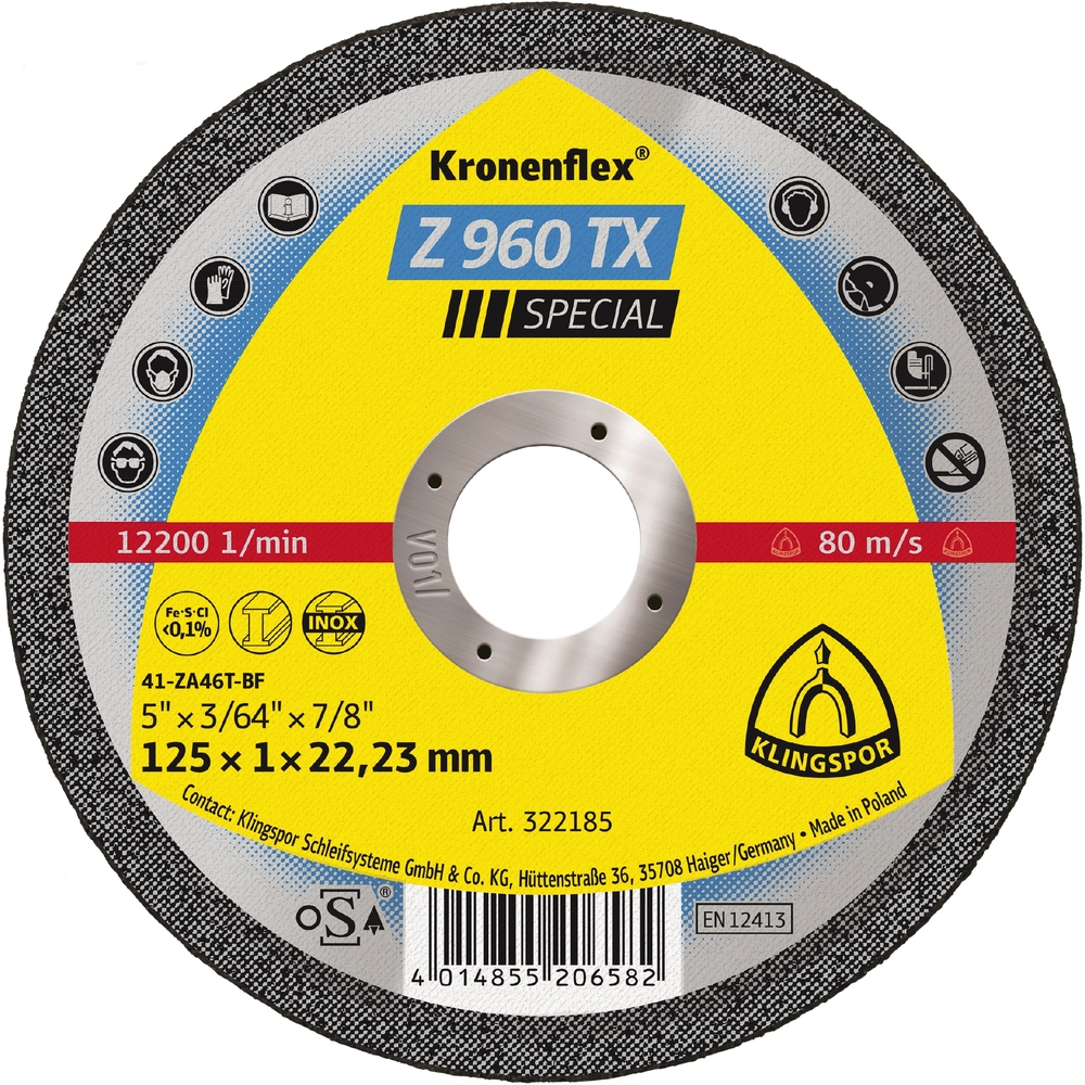 25 Disques à tronçonner KT SPECIAL Z960TX S GER 125X1X22,23 KLINGSPOR - 322185