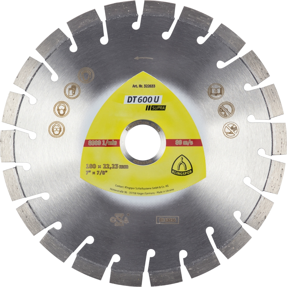 Disques à tronçonner diamantés DT SUPRA DT600U S 180X2,6X22,23 22K 9 KLINGSPOR - 322633