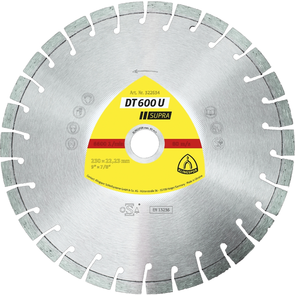 Disques à tronçonner diamantés DT SUPRA DT600U S 230X2,6X22,23 30K 9 KLINGSPOR - 322634