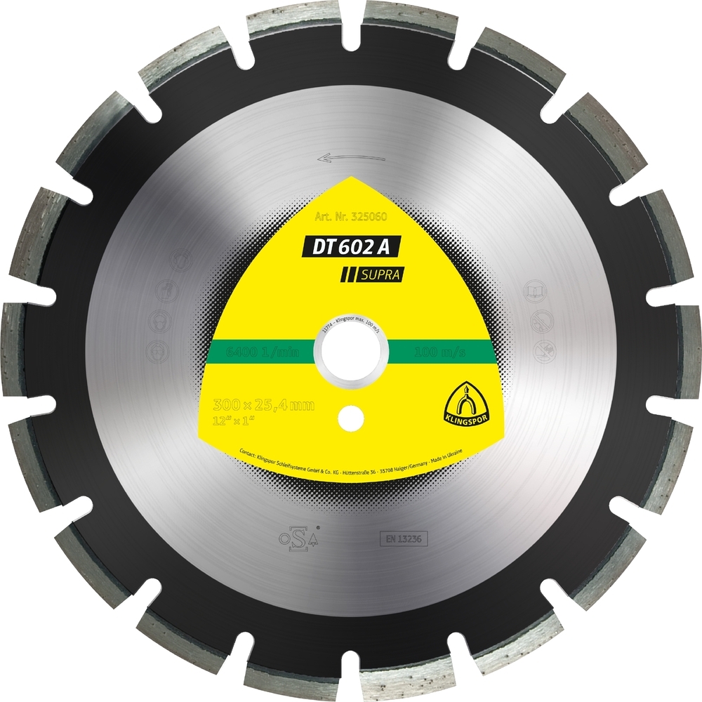 Disques à tronçonner diamantés DT SUPRA DT602A S 300X2,8X25,4 18W 10 KLINGSPOR - 325060