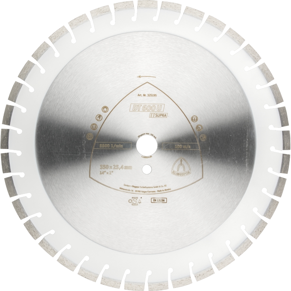 Disques à tronçonner diamantés DT SUPRA DT600U S 350X3X20 37K 10 KLINGSPOR - 325194