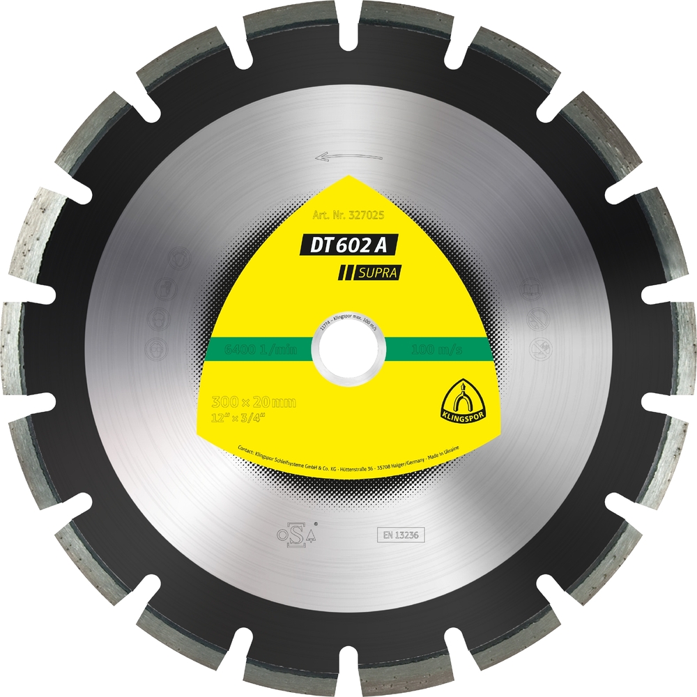 Disques à tronçonner diamantés DT SUPRA DT602A S 300X2,8X20 18W 10 KLINGSPOR - 327025