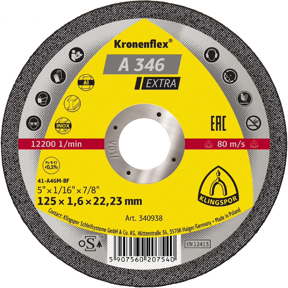 25 Disques à tronçonner KT EXTRA A346EX S GER 125X1,6X22,23 KLINGSPOR - 340938
