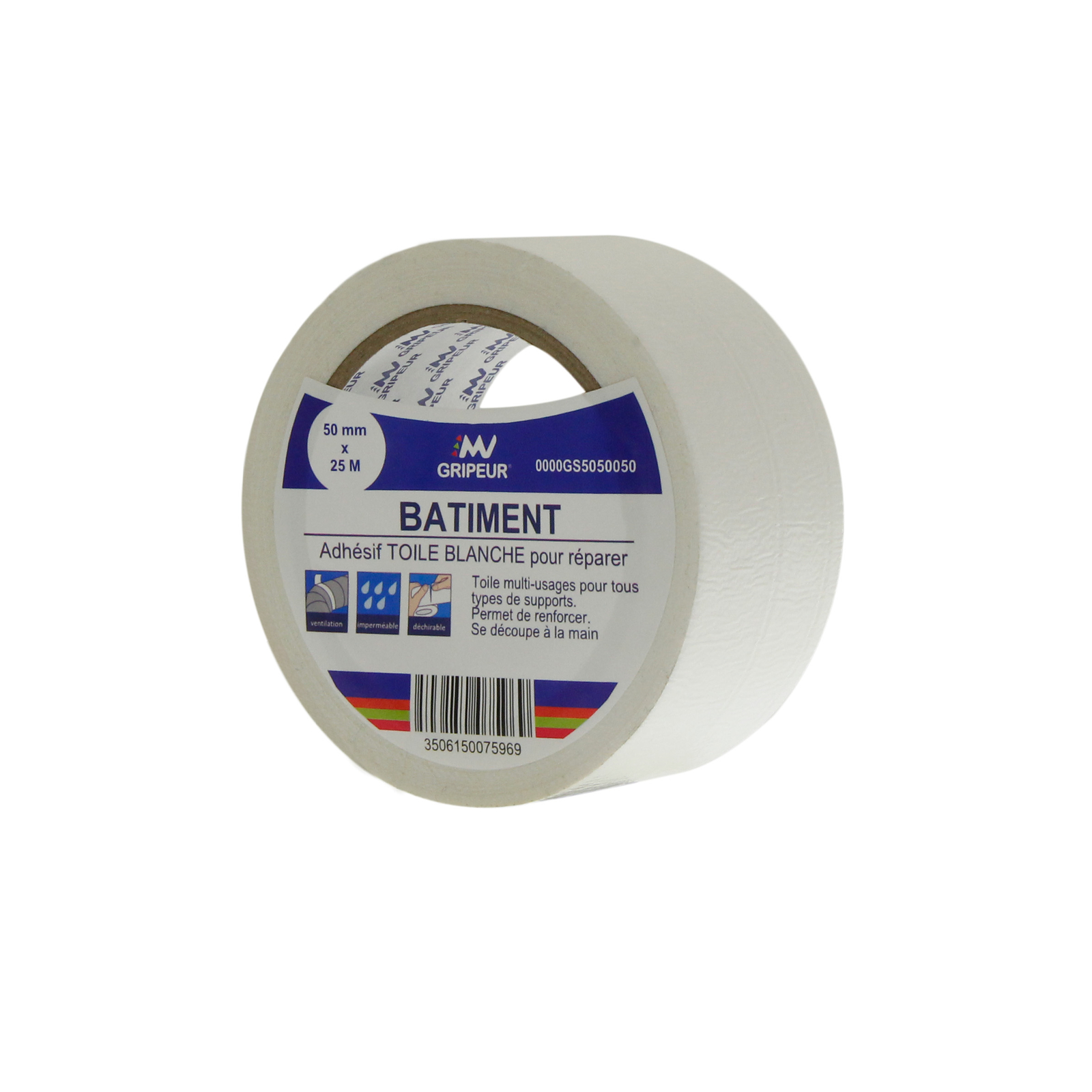 Adhésif Toile GS505 couchée PE blanche 170µ 50mm x 25m LIMA - 0000GS5050050