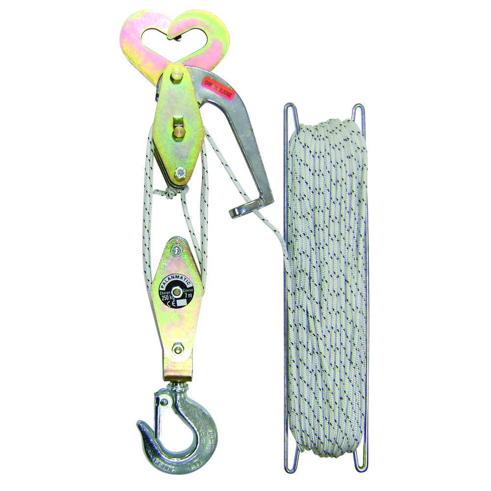 Palan a corde levée 7 m cmu 250 kg 2 x 3 réas LEVAC - 6040D