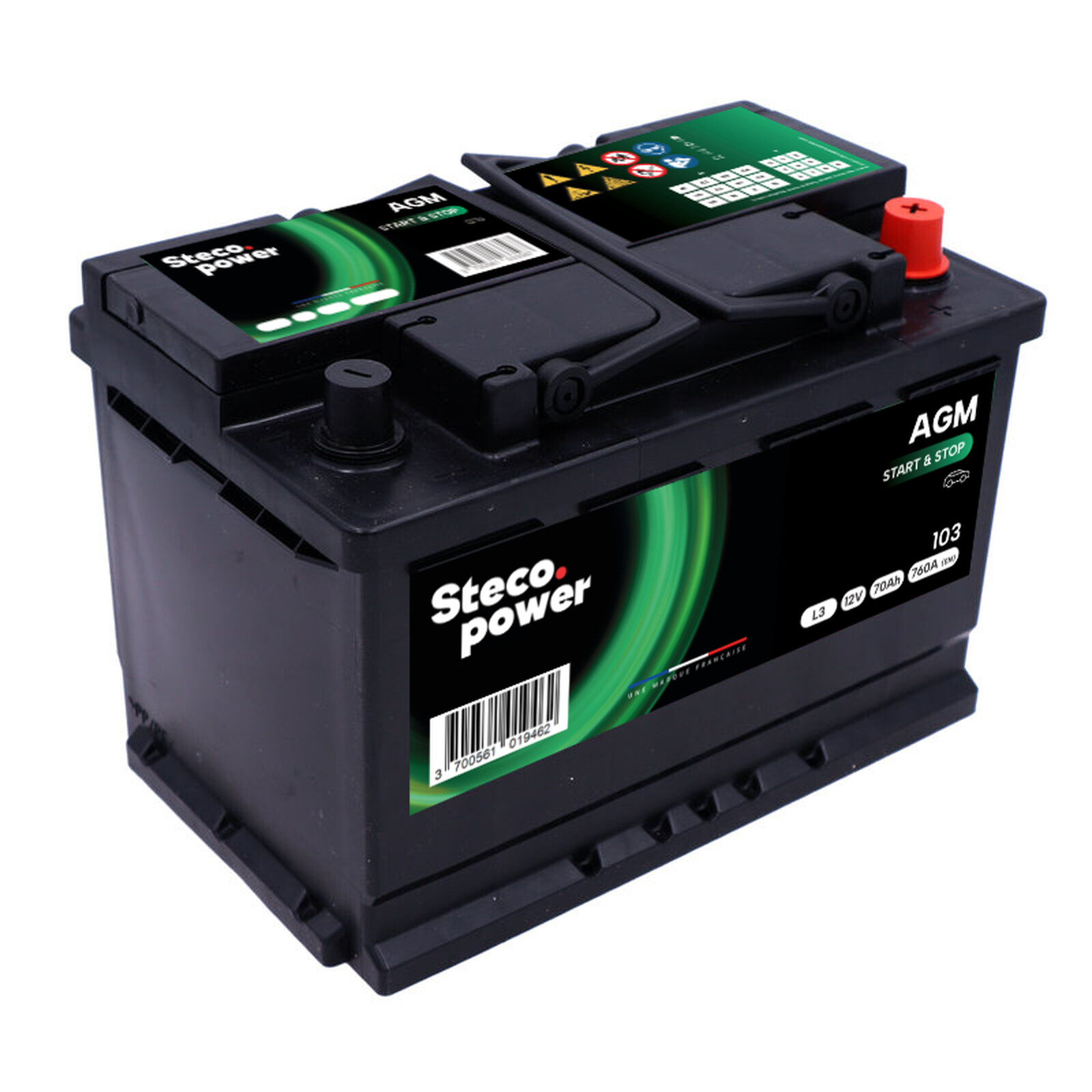 Batterie 12V 70Ah 760A 278x175x190 mm système start&stop + stecopower - 103