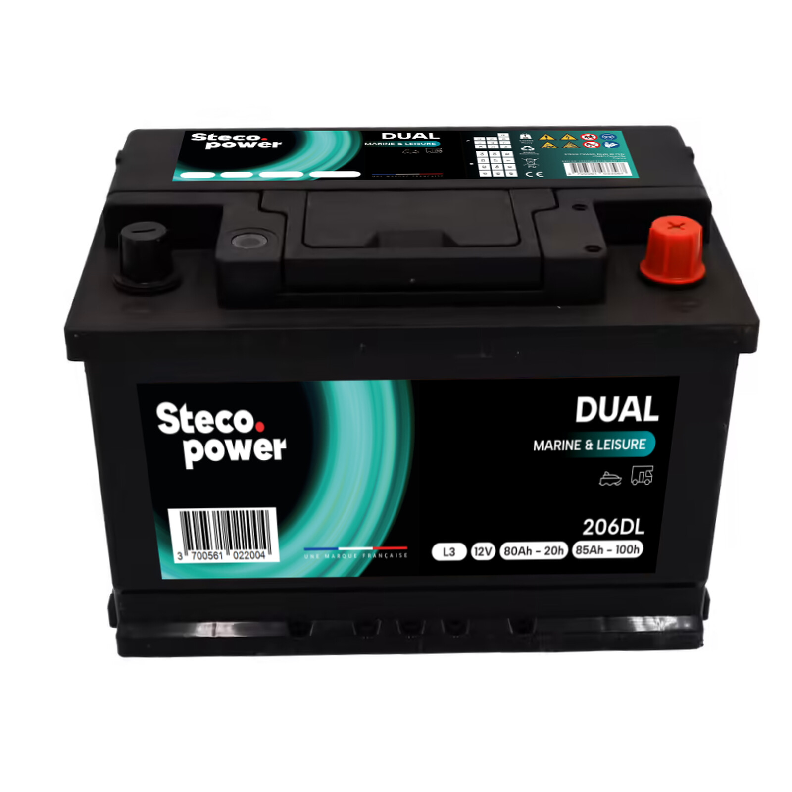 Batterie 12V 80 Ah (20h) - 85 Ah (100h) 277x175x190 mm Décharge Lente STECOPOWER - 206DL