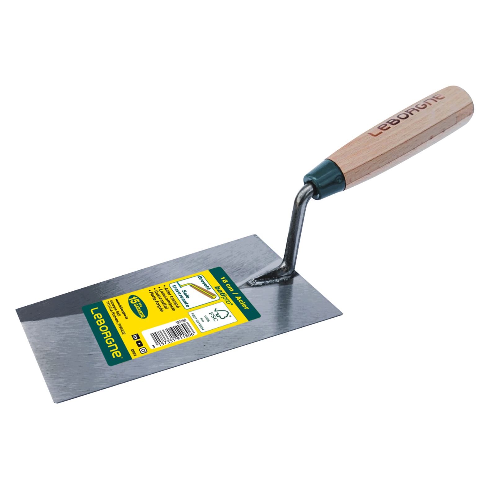 Truelle carrée Batipro 20 cm manche bois certifié FSC 100 % LEBORGNE - 191200