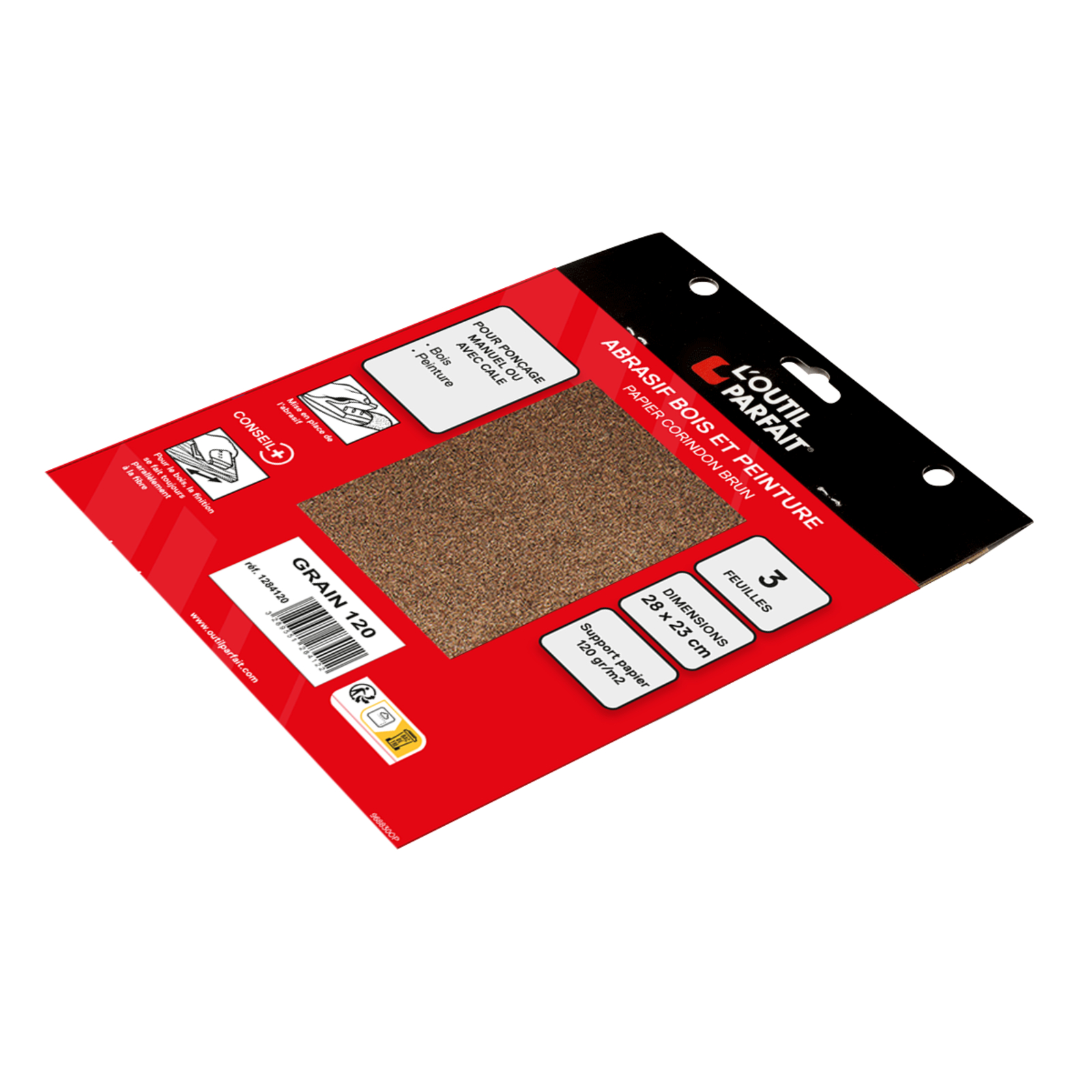 Abrasif bois et peinture Grain 60 Poignée 3 feuilles 28 x 23 cm L'OUTIL PARFAIT - 1284060