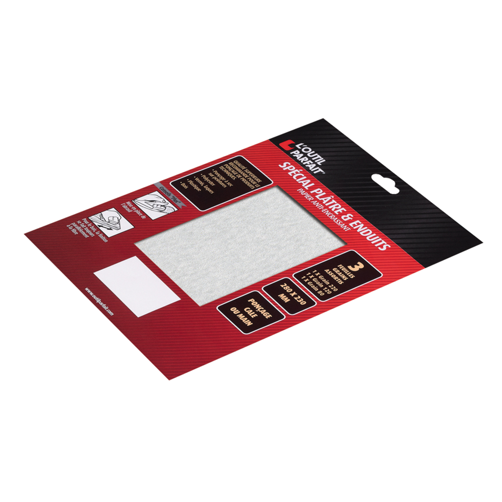 Assortiment abrasifs Grain 80, 120 et 220 Poignée 3 feuilles - Format 28 x 23 cm L'OUTIL PARFAIT - 287000