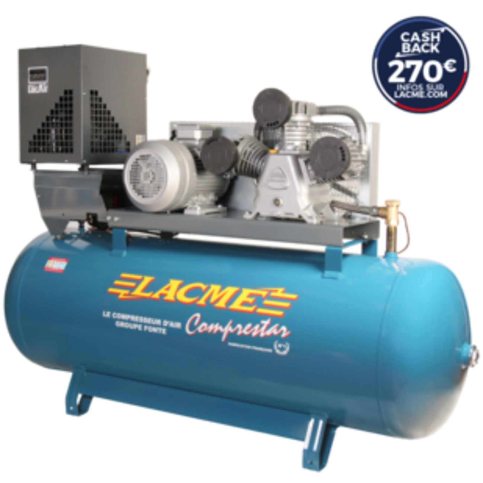 Compresseur fixe Comprestar 55W500T-SC - 55 m³/h triphasé  500 Lt - 11 bar avec sécheur LACME - 161050