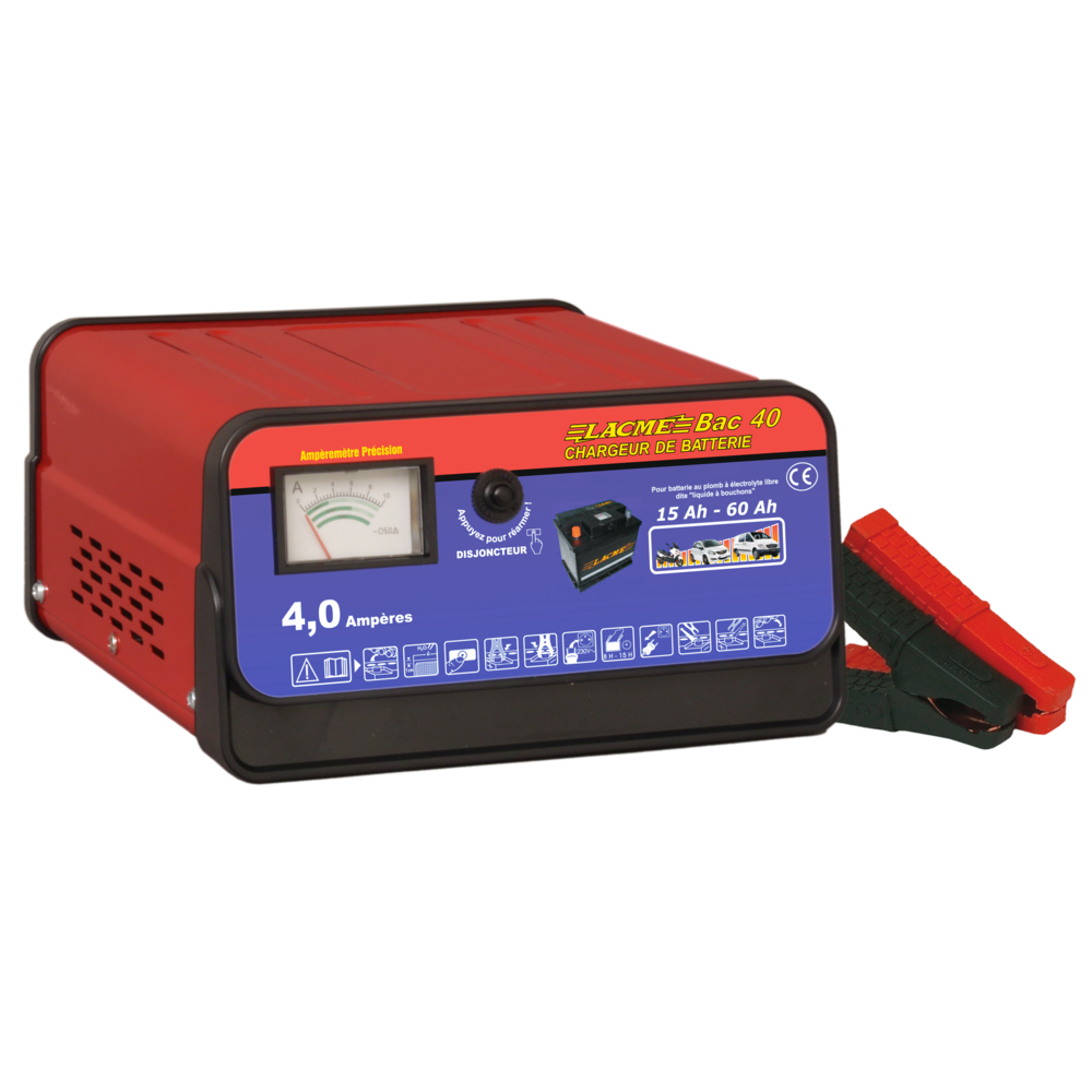 Chargeur de batterie classique bac 40, 4 a - 12 v.facile d'emploi, protection par disjoncteur LACME - 501200