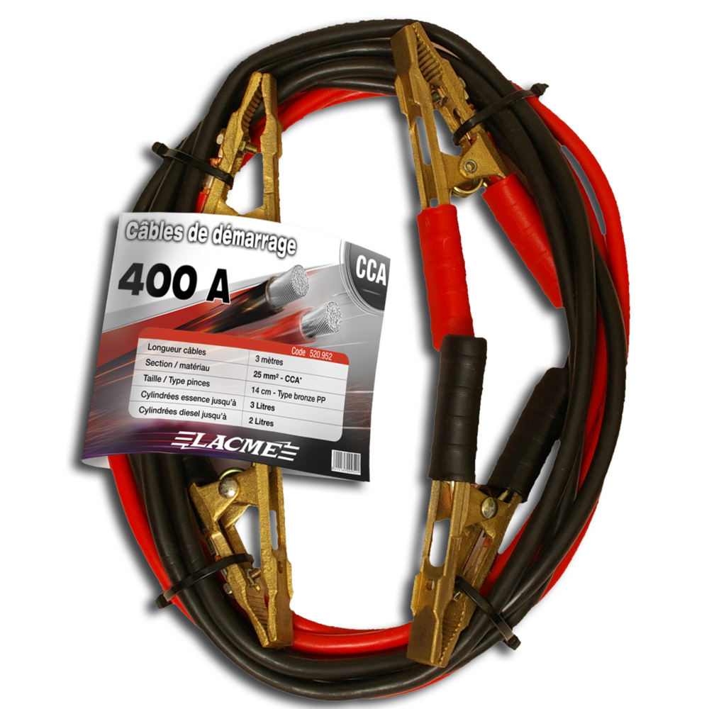 Câble de démarrage 400 a. 3 m - 25 mm² - cca.câble robuste et pinces type bronze LACME - 520952