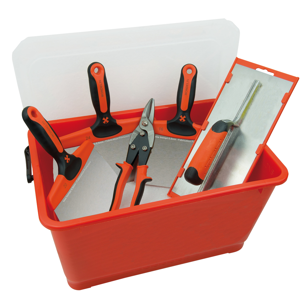 LOT PLAQUISTE : 3 COUTEAUX + 1 PLATOIR + 1 CISAILLE DANS BAC 17L - MONDELIN - 309730