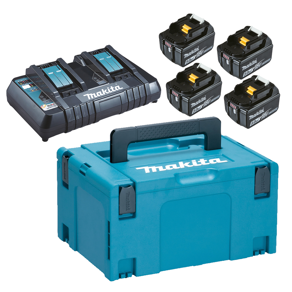 Pack MAKITA Énergie 18 V Li-Ion 4 batteries 5 Ah + 1 chargeur double avec coffret MAKPAC 197626-8
