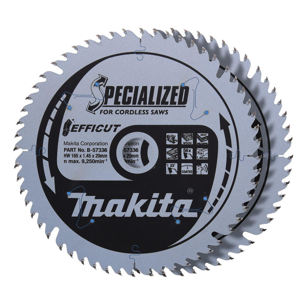2 Lames 165X20X56D EFFICUT pour bois, MDF et stratifié, pour scies circulaires à batterie MAKITA - B-57336-2