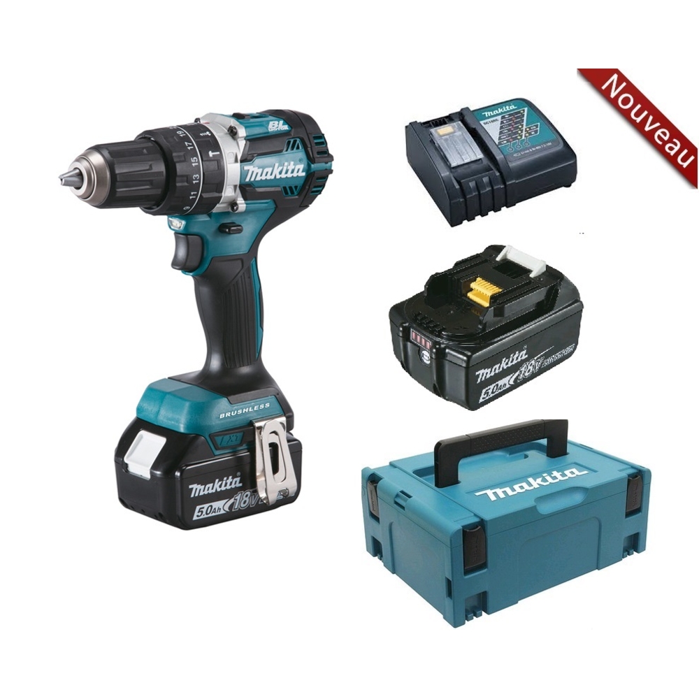 Perceuse à percussion sans fil 18 V 2 batteries 5 Ah 13 mm chargeur et un coffret MAK PAC - MAKITA - DHP484RTJ