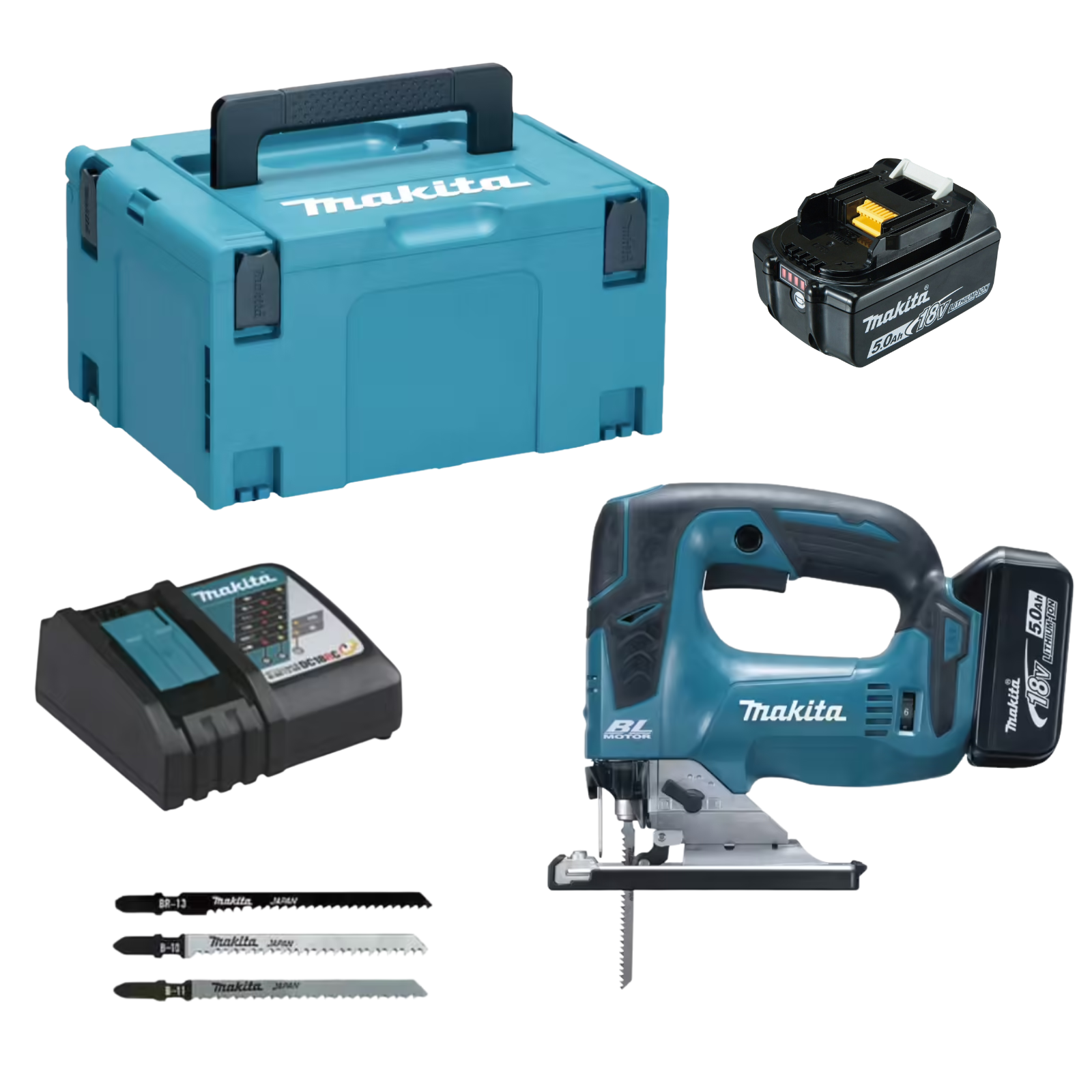 MAKITA SCIE SAUTEUSE 18V AVEC BATTERIES 5 AH + LAMES DJV182RTJ