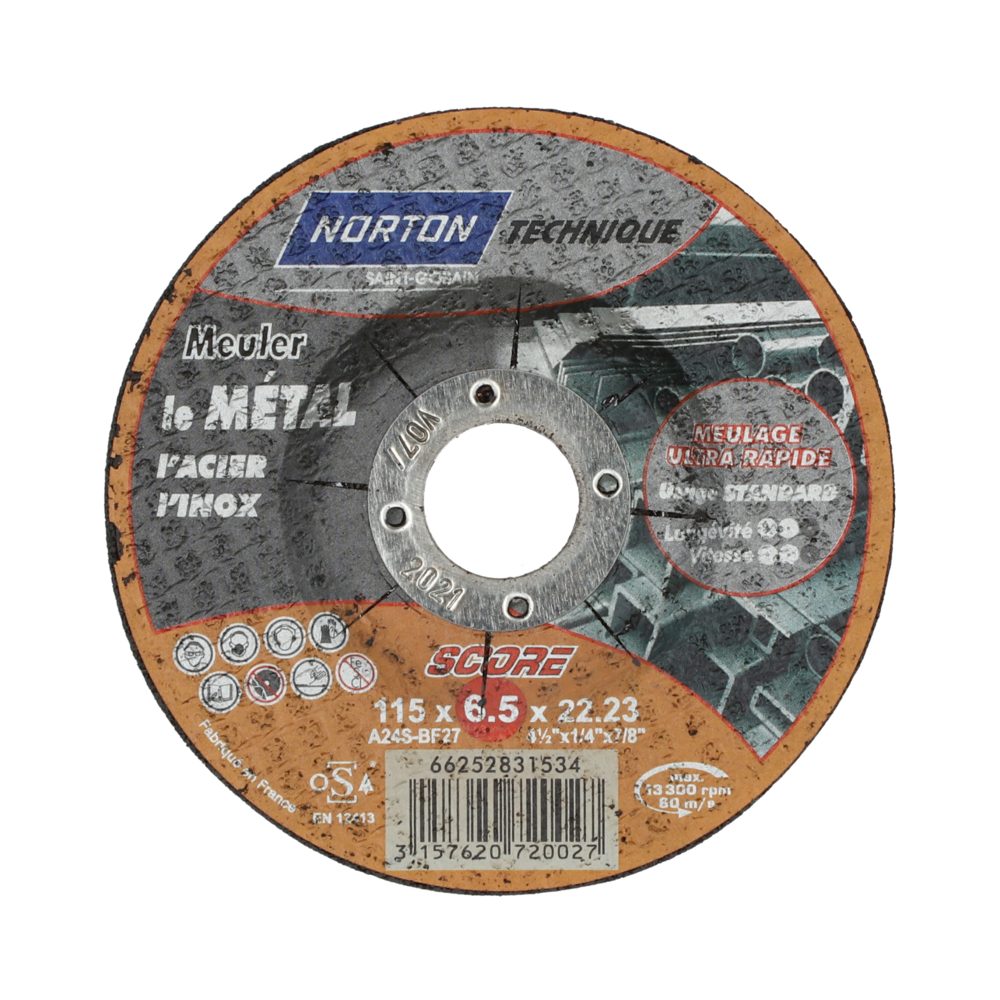 Meule d'ébarbage TECHNIQUE SCORE-METAL / INOX-115x6.5x22.23 NORTON - 66252831534