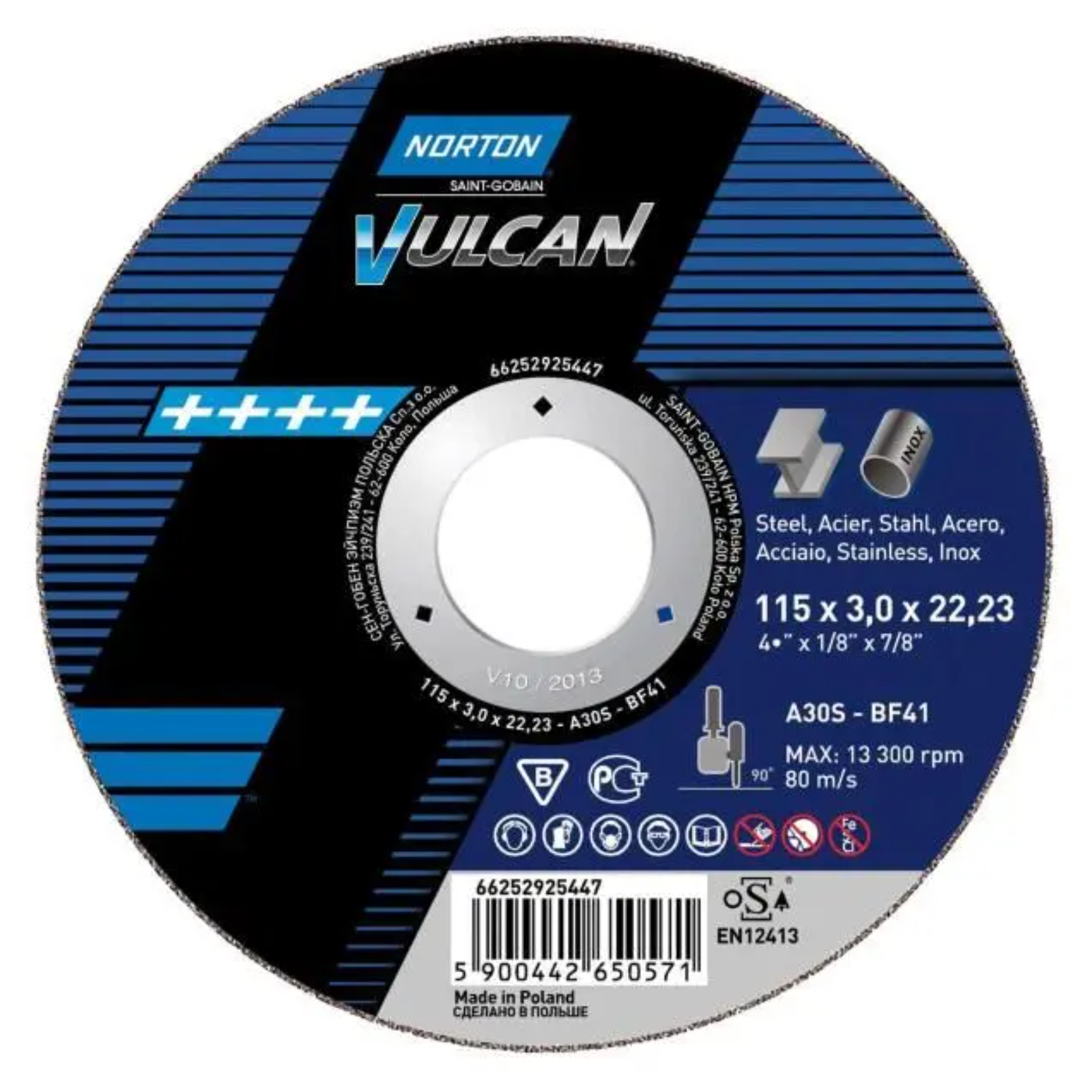 Disque de tronconnage Norton VULCAN Diam. 115 Epaisseur 1.6 pour Acier / Inox -66252925432