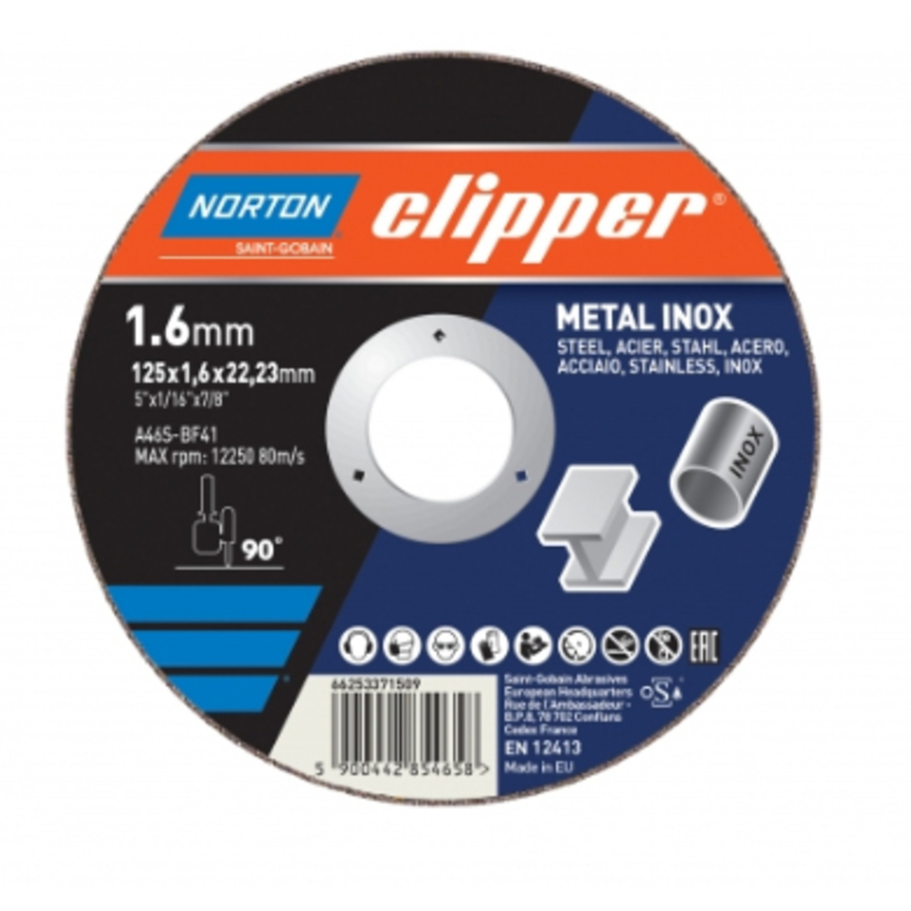 Clipper NORTON pour Meuleuse d'angle Tronçonnage Ultra mince sur METAL INOX 125 X 1 X 22,2 - 66253371508