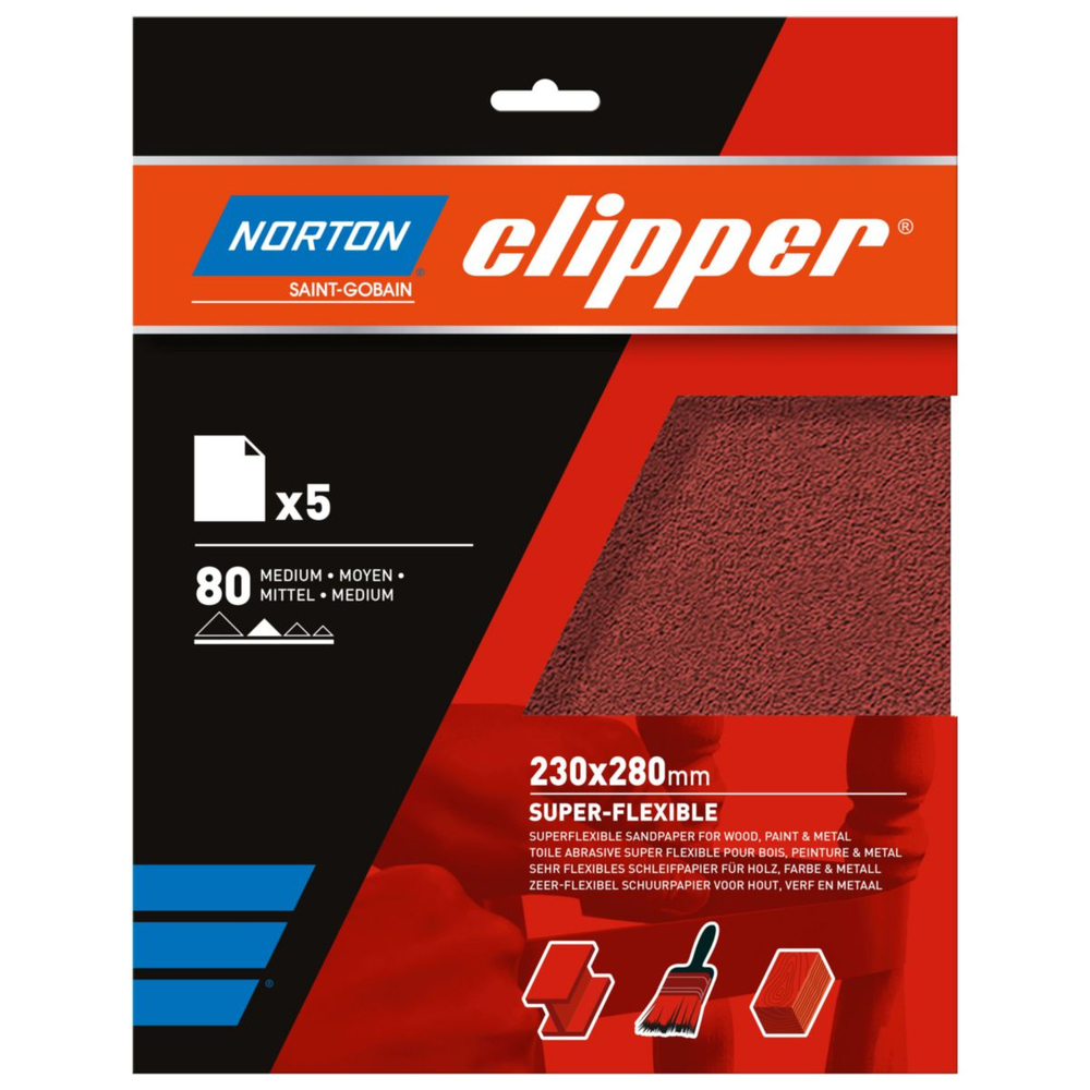 Feuille de toile abrasive super flexible - grain 80 - 230x280 mm - liasse de 5 pcs NORTON - 66261118247