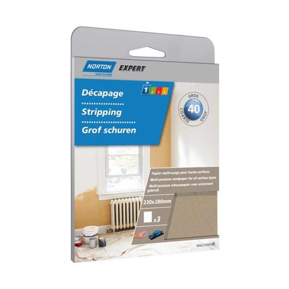 3 feuilles de ponçage multi-usage - 230x280 mm, grain 40 - NORTON - 66623308301