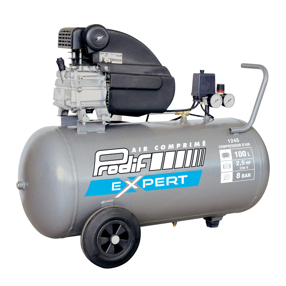 Compresseur d'air PRODIF 100 litres 8 bar à entraînement direct monocylindre sur roues - 1245