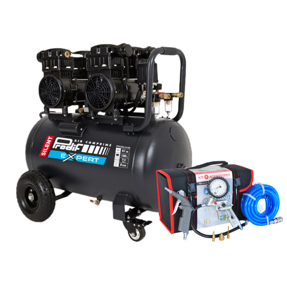 Compresseur ultra silencieux 100 litres 3 CV 8 bar + kit 6 accessoires PRODIF PROSIL3100
