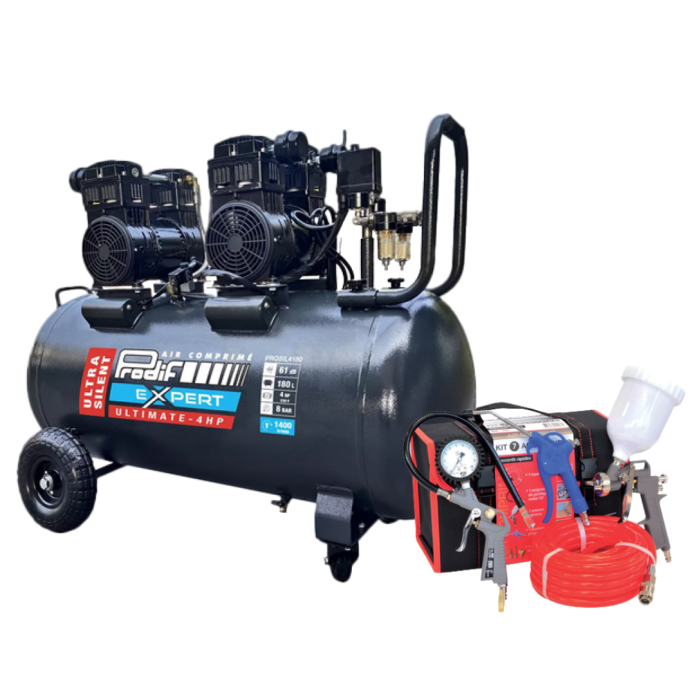 PROMO compresseur silencieux 180 litres 4 CV 8 bar + kit 7 accessoires PRODIF PROSIL4180 