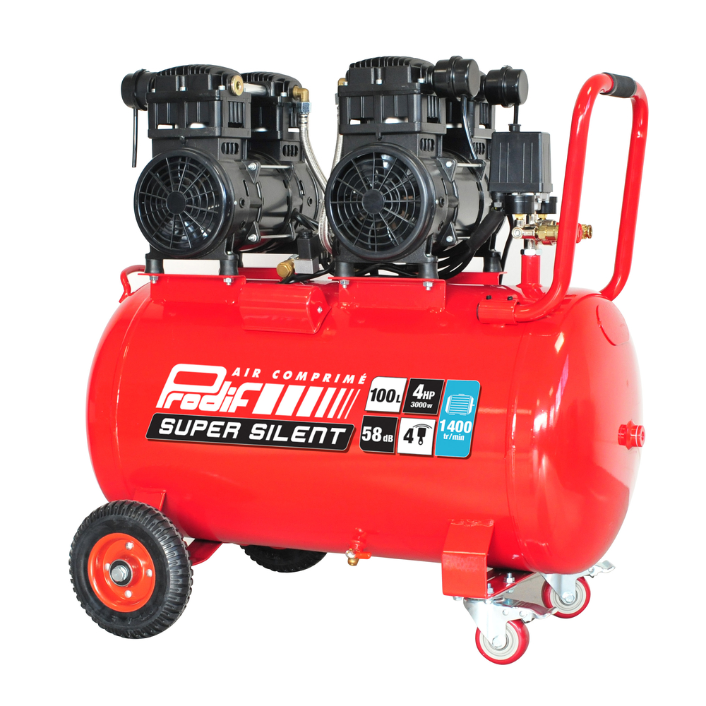 Compresseur ultra silencieux PRODIF 100 litres 4 CV 8 bar 1400 tours/min SIL1004
