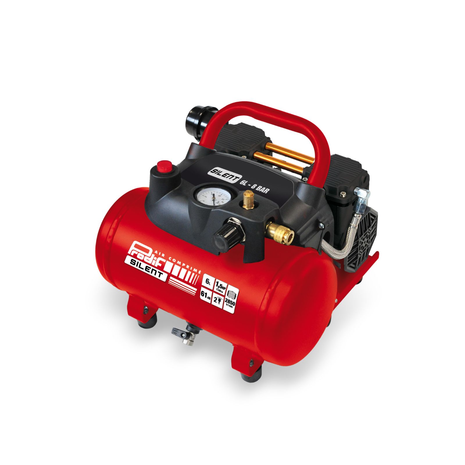 Compresseur d’air 6L 1,5 CV 8 bar 170 L/min 230V Compact et silencieux PRODIF - SIL62P 