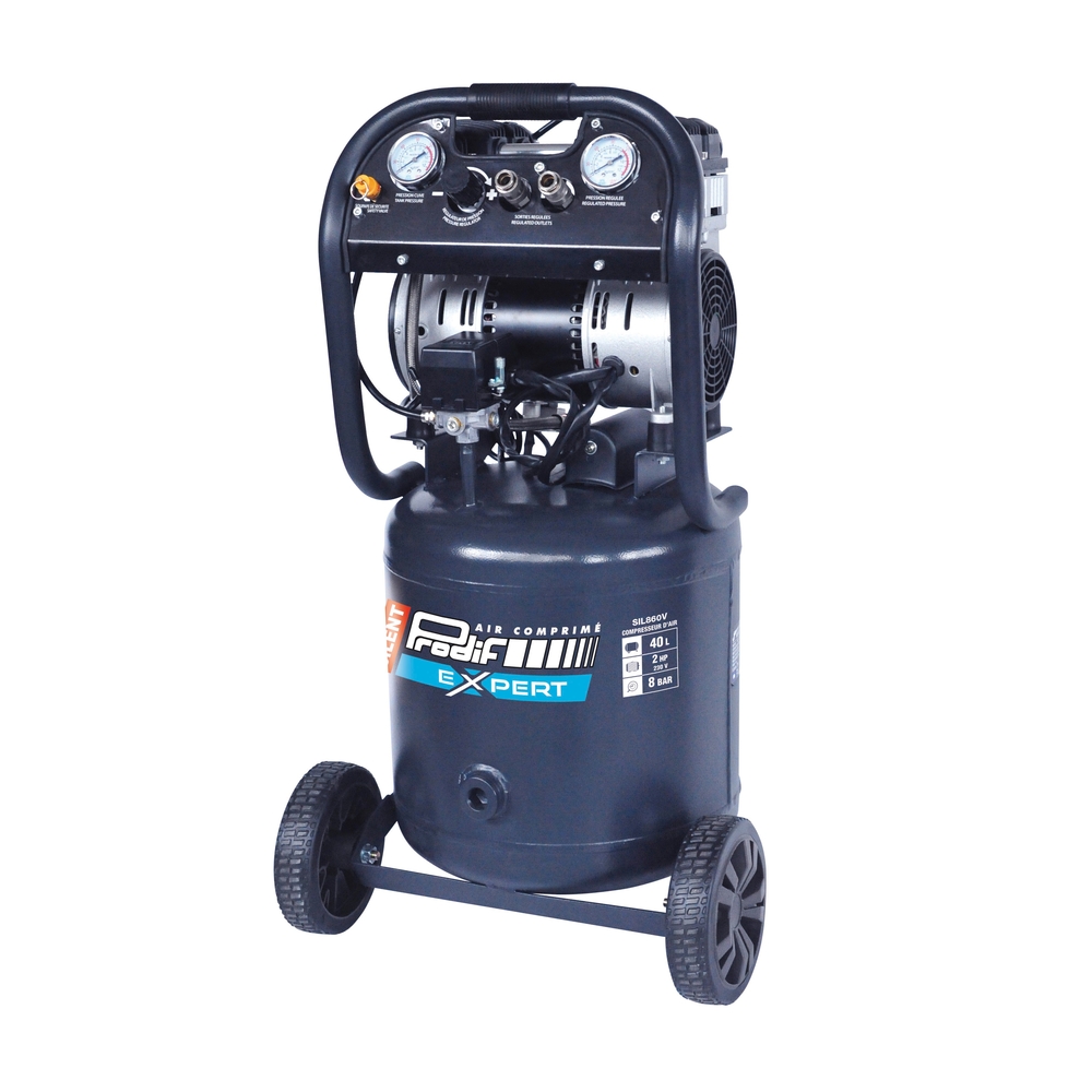 Compresseur vertical silencieux PRODIF 40 litres 2 CV 8 bar bi-cylindre SIL860V