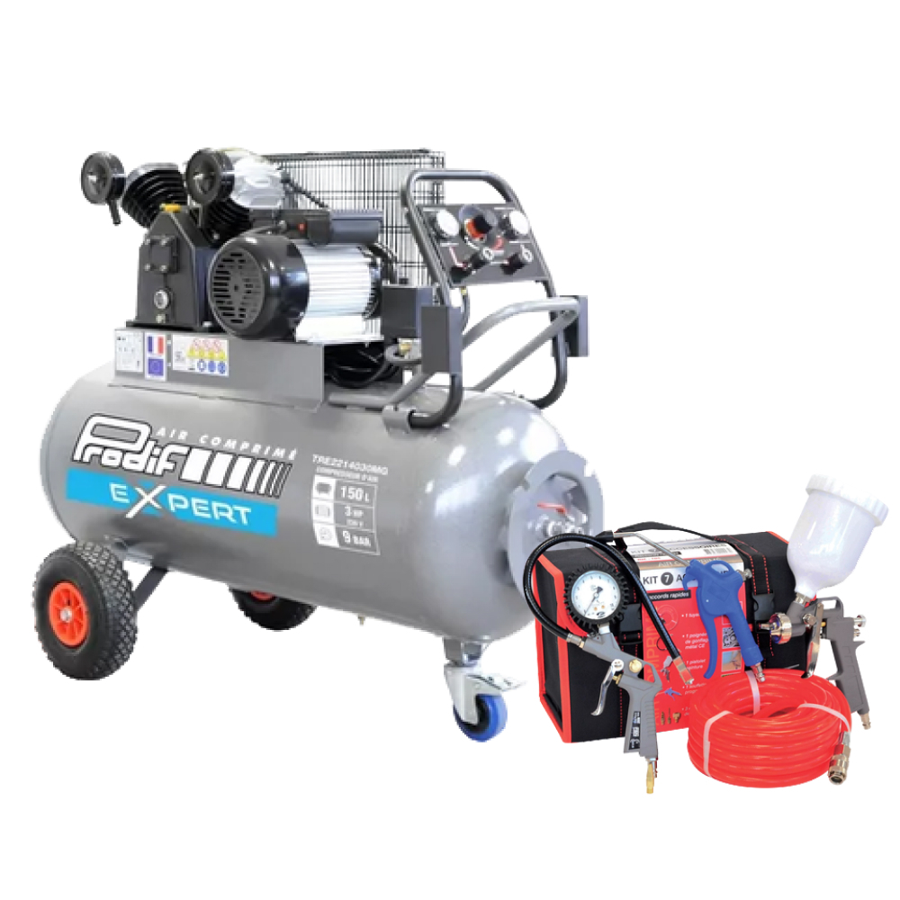 Compresseur à piston 150l 3CV 9bar + kit 7 accessoires PRODIF TRE2214030MG