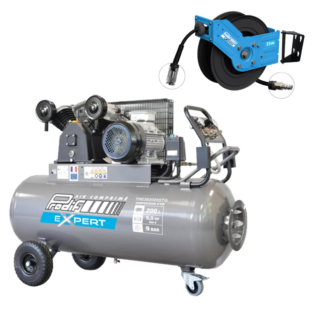 Compresseur 200L 9 bar 5,5 CV triphasé + Enrouleur 15m PRODIF TRE3820055TG