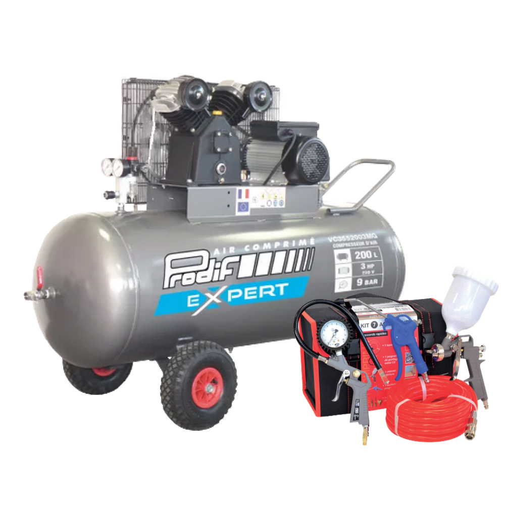 Compresseur 200l 9 bar 3 cv + kit 7 accessoires PRODIF VC3552003MG