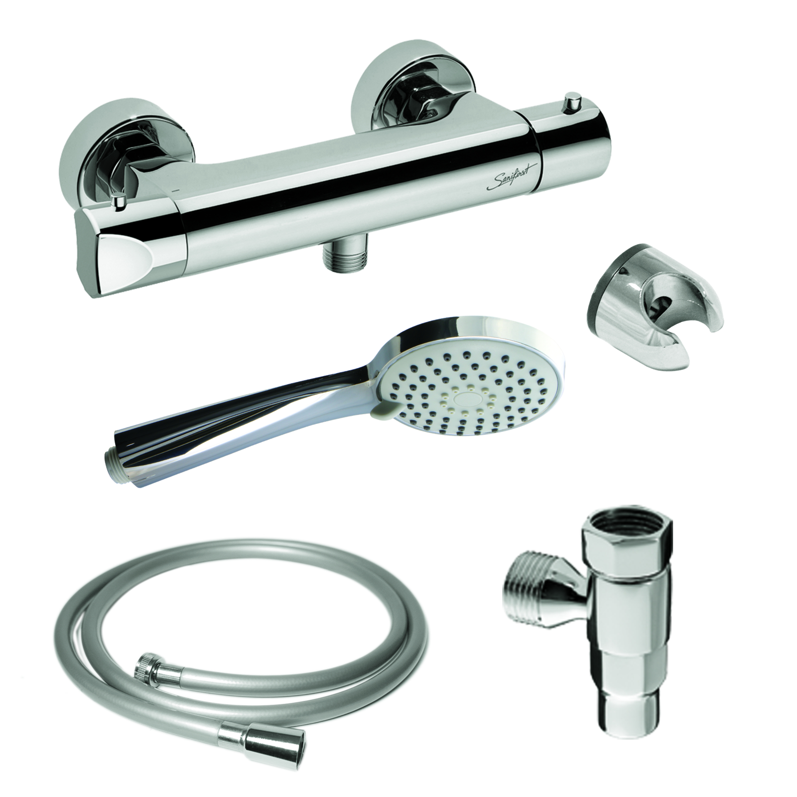 Kit de douche mitigeur thermostatique entraxe 150 mm 3 jets avec accessoire SANIFIRST - 75107