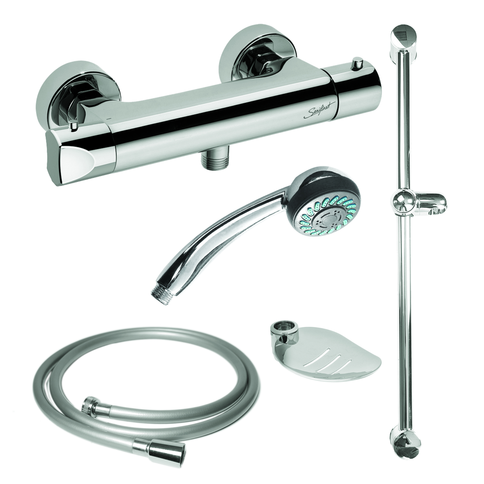 Kit de douche mitigeur thermostatique entraxe 150 mm avec douchette, barre et flexible SANIFIRST - 75108
