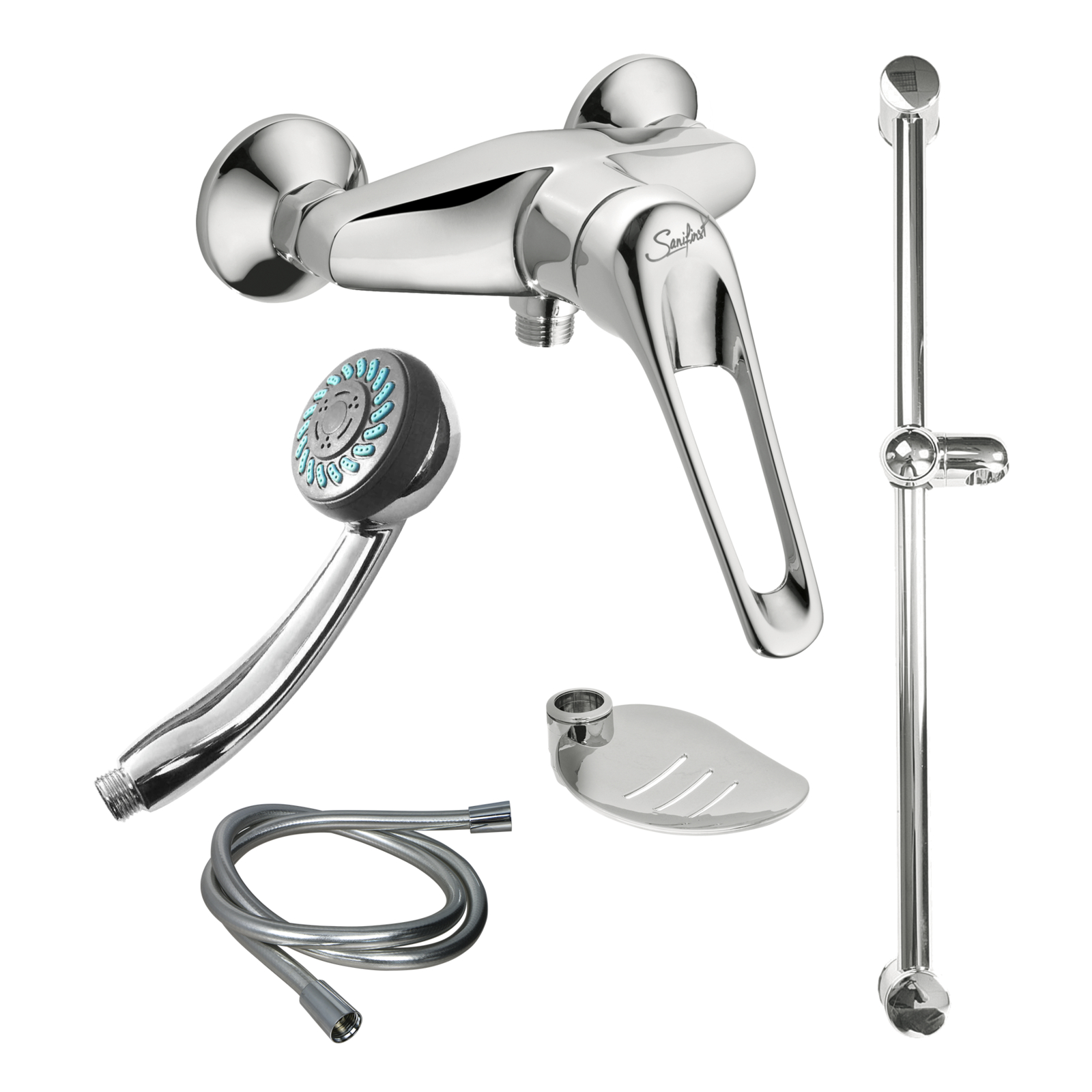 Kit de douche mitigeur manette 150 mm 2 jets flexible 1500 mm barre 600 mm porte-savon SANIFIRST - 75549