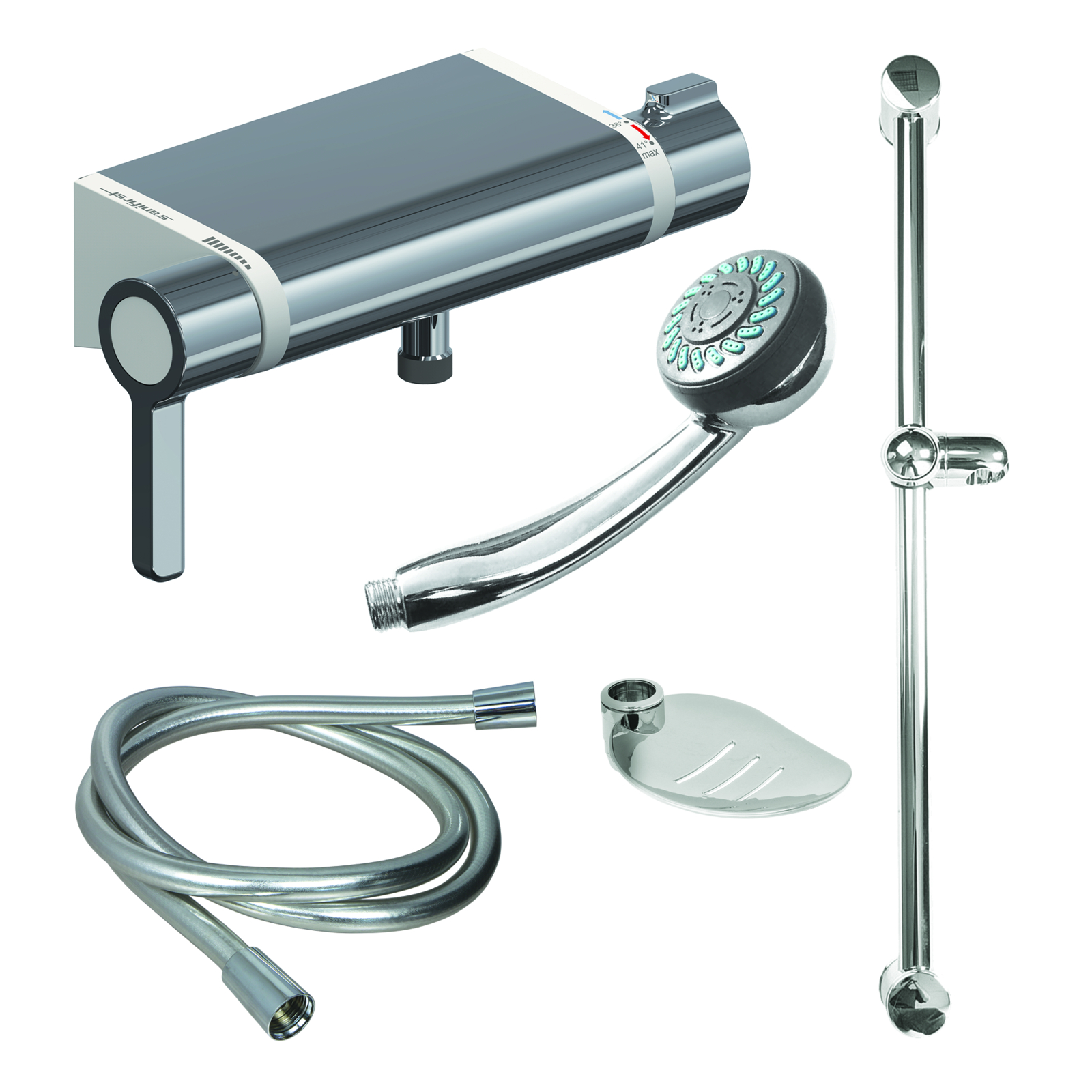 Kit douche mitigeur thermostatique 2 jets 1500 mm avec barre et porte-savon SANIFIRST - 75956