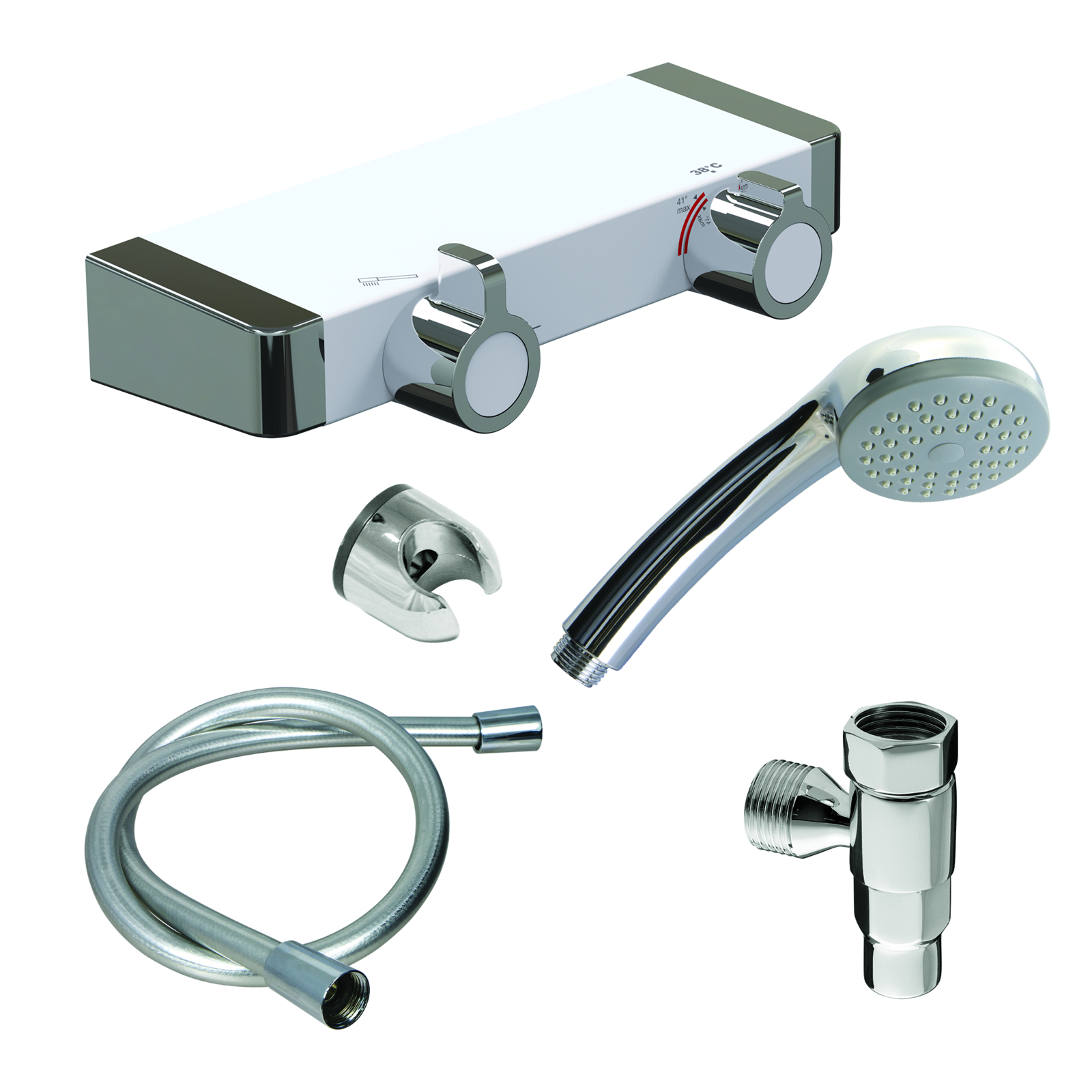 Kit douche mitigeur thermostatique 1 jet flexible 850 mm avec support et raccord SANIFIRST - 75957