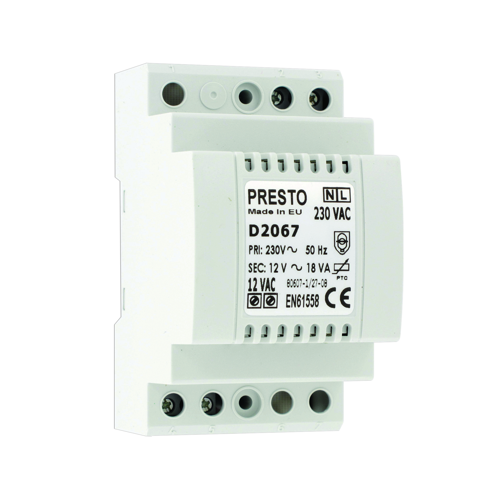 Transformateur rail DIN 230 V AC / 12 V AC 18 VA pour 1 à 5 robinets PRESTO - 90464