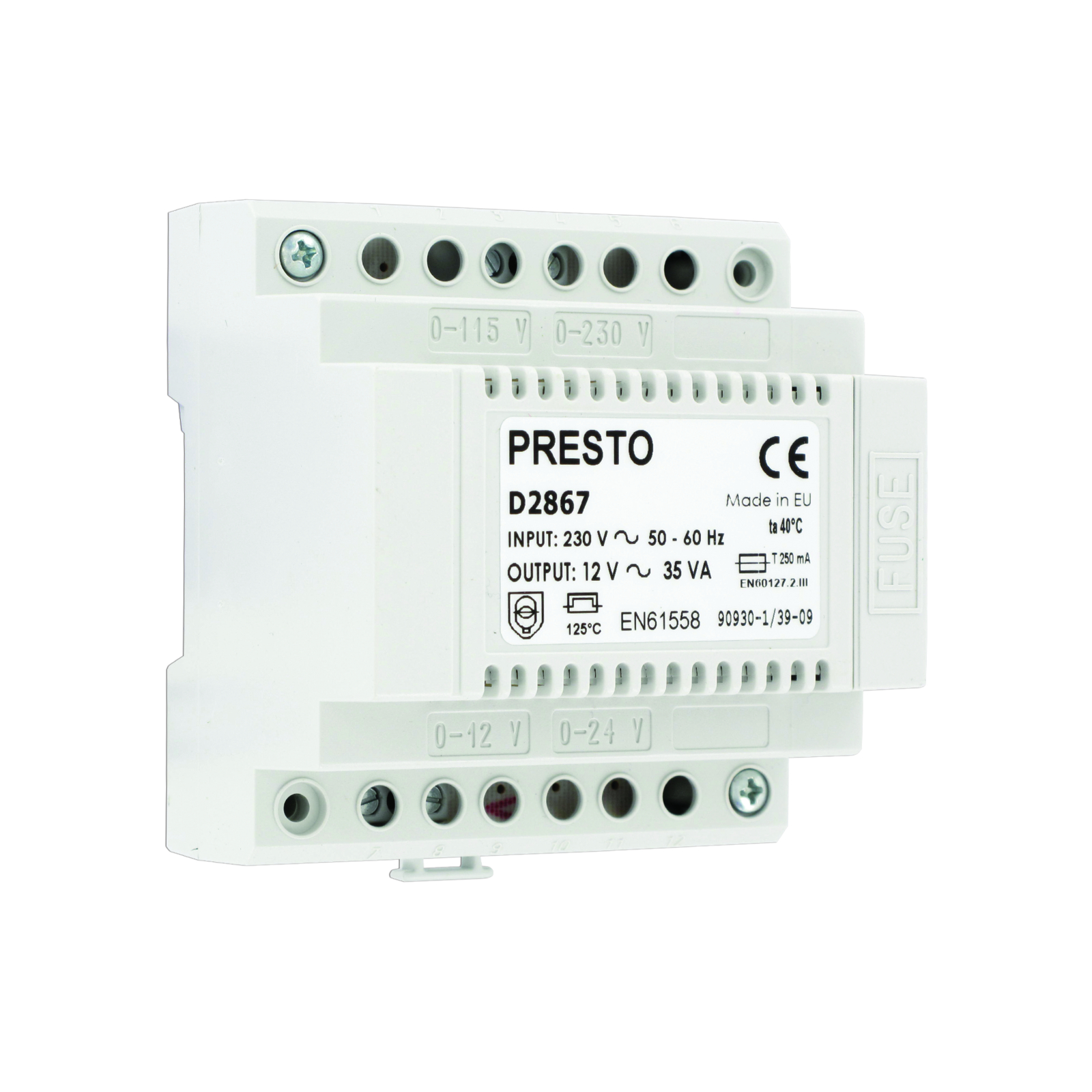 Transformateur 230 V / 12 V AC rail DIN 35 VA pour 6 à 10 robinets PRESTO - 90711