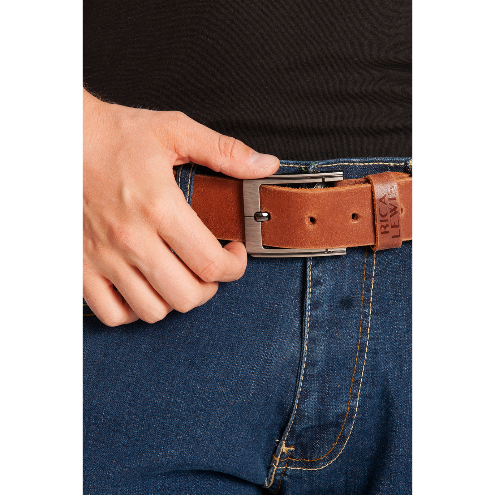 Ceinture cuir avec boucle acier brossé COLONEL Marron 110cm RICA LEWIS - COLONEL57110