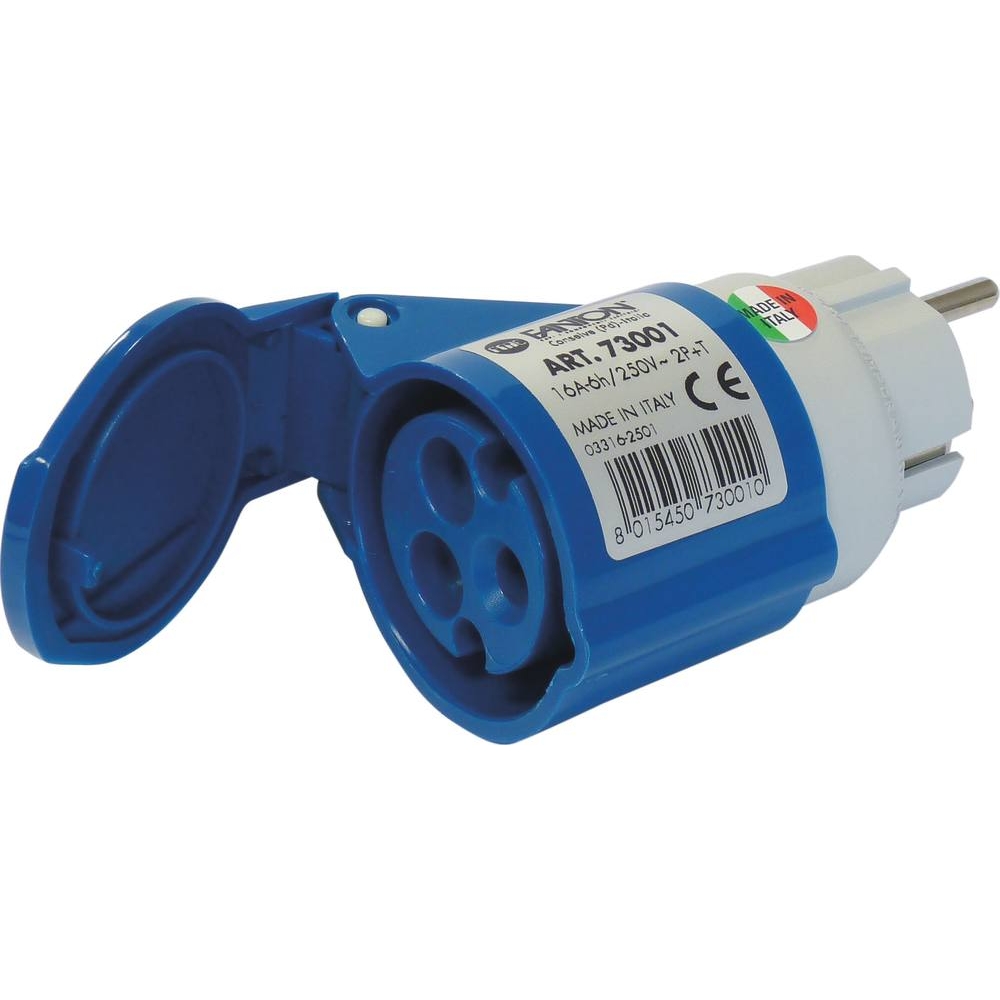 Adaptateur fiche mâle Schuko 2P+T avec prise femelle à clapet CE17 230V FANTON - 03263
