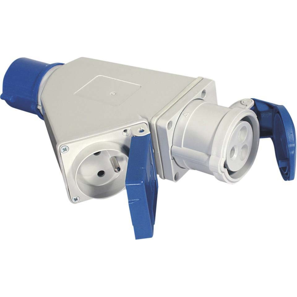 Adaptateur fiche mâle CE17 avec 2 prises femelles à clapet 2P+T 230V et CE17 230V - 3268