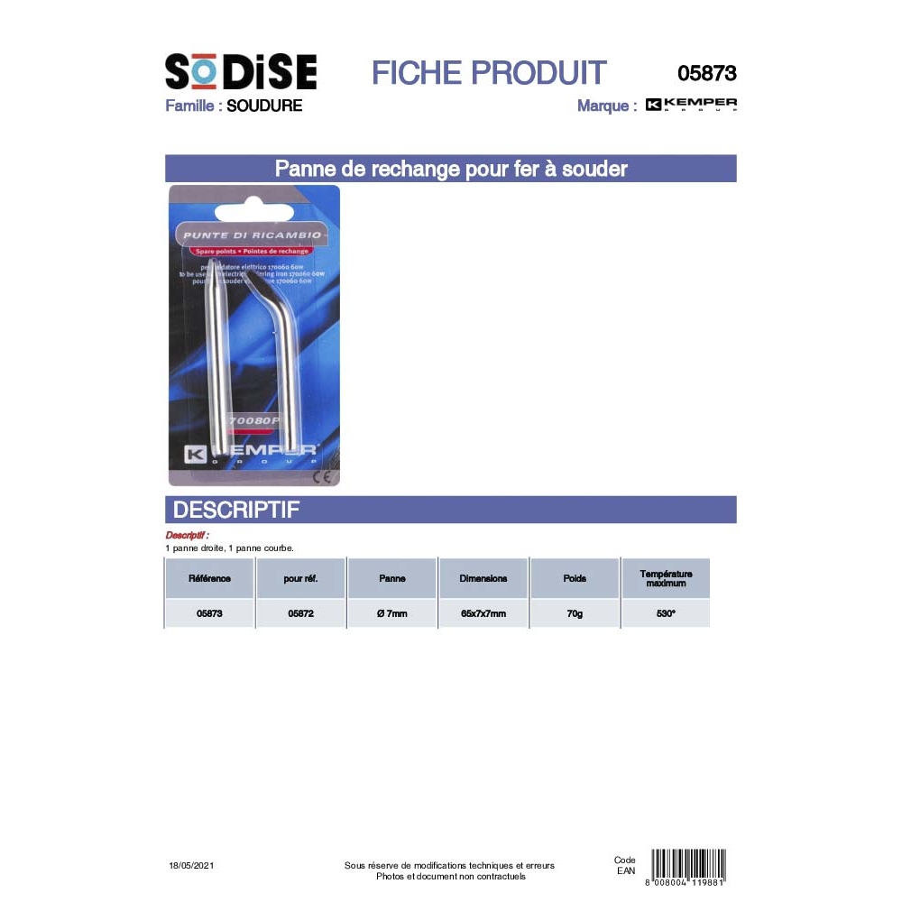 Panne de rechange pour fer à souder KEMPER - 5873