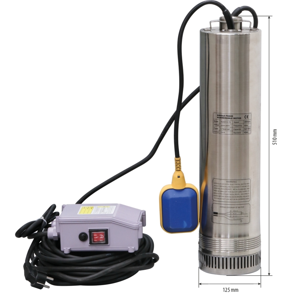 Pompe à eau immergée de puits 4 turbines avec flotteur diamètre 125mm 230V 750W DRAKKAR - 08105