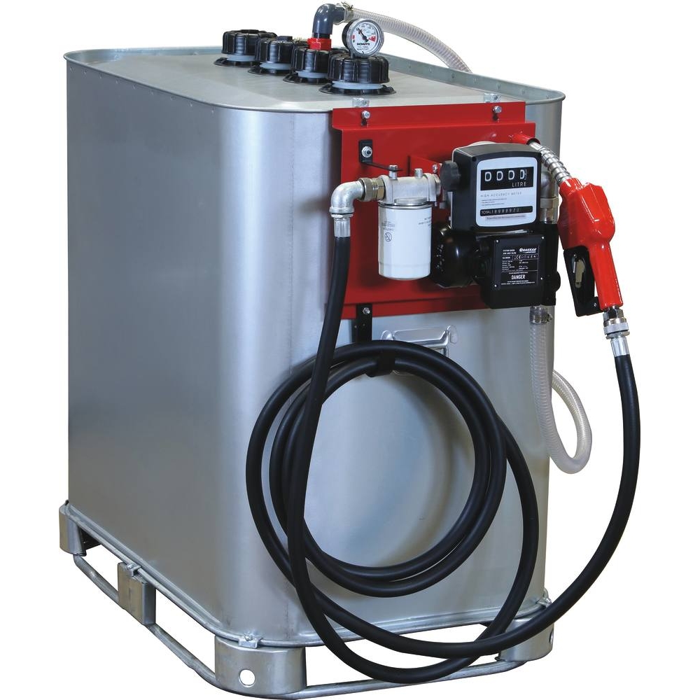 Cuve de stockage gasoil galvanisée 700L double paroi avec station à gasoil 230V 60 l/min et pistolet automatique/volucompteur/filtre DRAKKAR - 08113